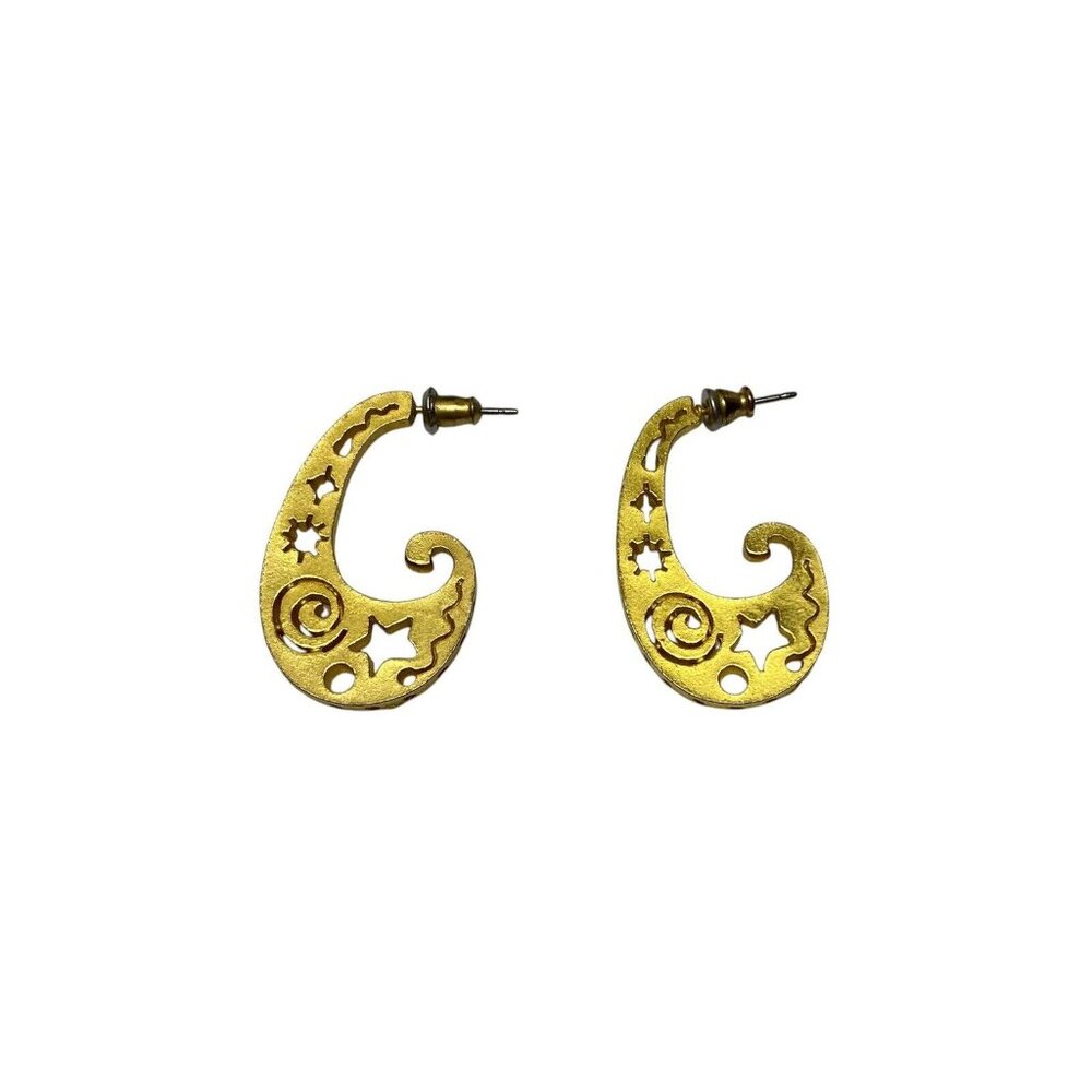 Matte Brushed Gold Tone Celestial Earrings Posts Mock Hoops Cutout Design Witchy